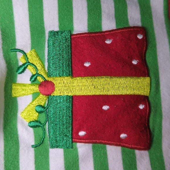 J. Khaki Green & White Striped Embroidered Christmas Present Dress Girls Size 5 - Picture 3 of 4